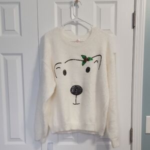 Holiday Time White Bear Sweater with Holly Accent
